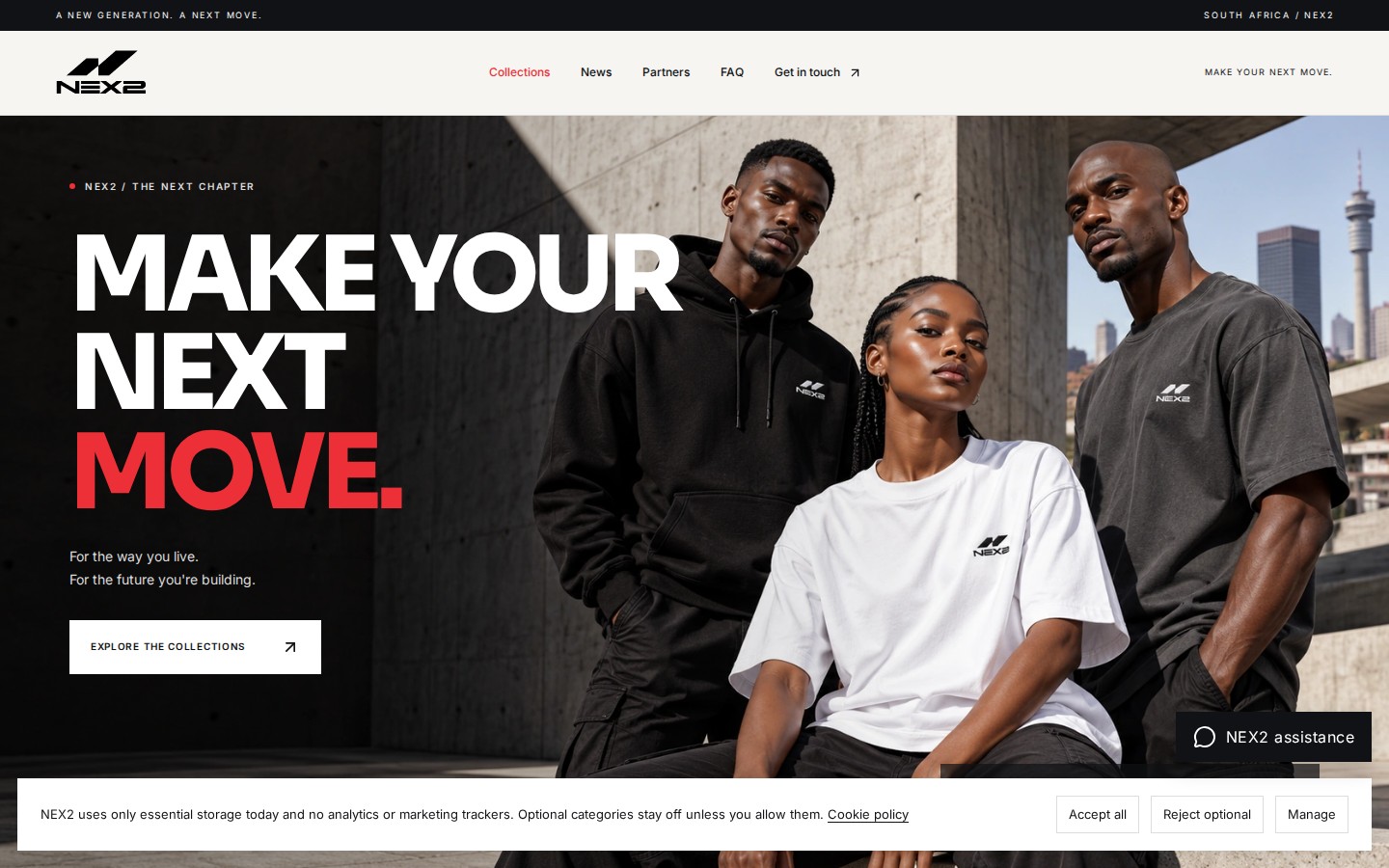 NEX2 website with models in branded streetwear and the headline Make your next move on desktop