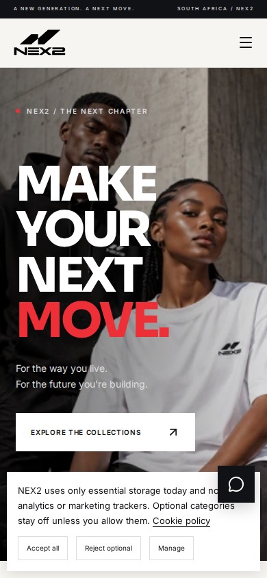 NEX2 website with models in branded streetwear and the headline Make your next move on mobile