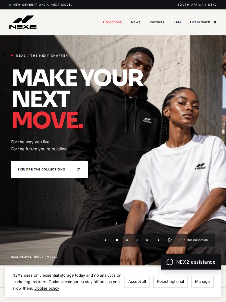NEX2 website with models in branded streetwear and the headline Make your next move on tablet
