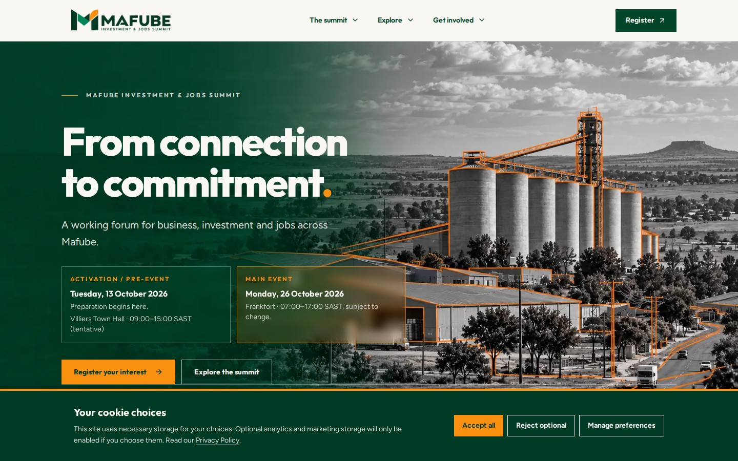 Mafube Investment and Jobs Summit website with a green and orange hero over a Frankfort industrial landscape on desktop