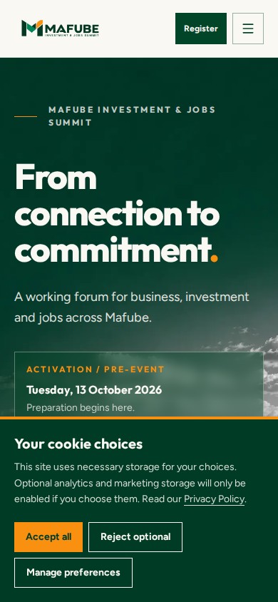 Mafube Investment and Jobs Summit website with a green and orange hero over a Frankfort industrial landscape on mobile