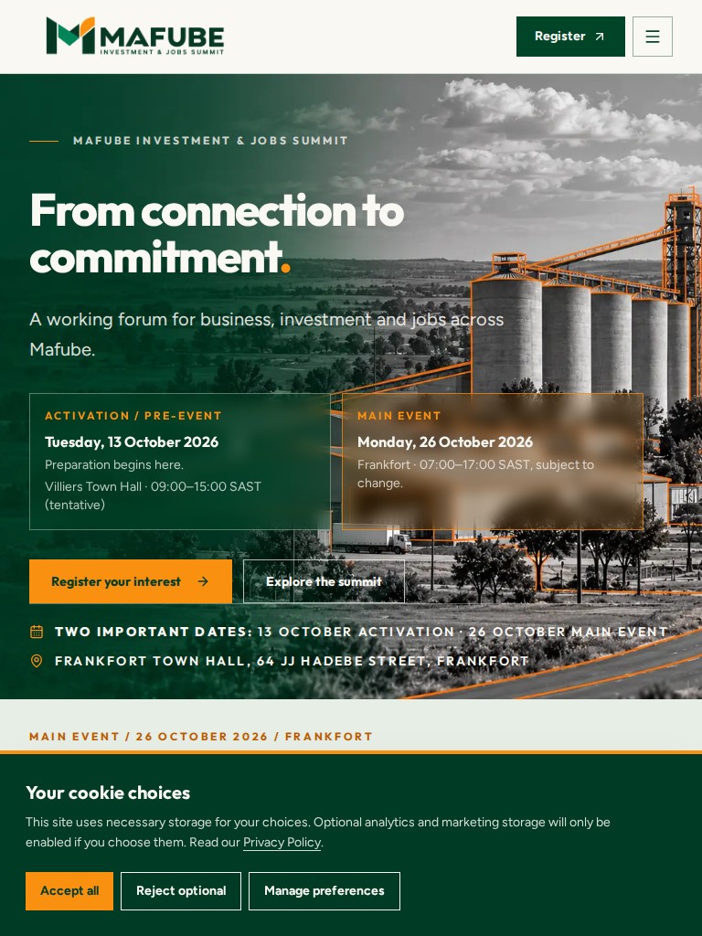 Mafube Investment and Jobs Summit website with a green and orange hero over a Frankfort industrial landscape on tablet