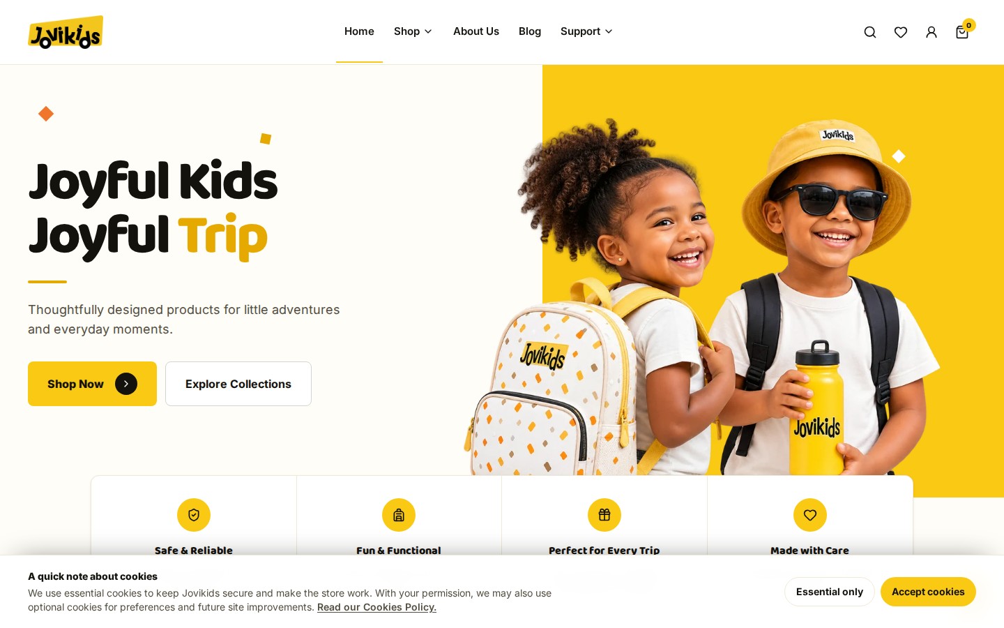 Jovikids website homepage with joyful children wearing backpacks and the headline Joyful Kids Joyful Trip on desktop