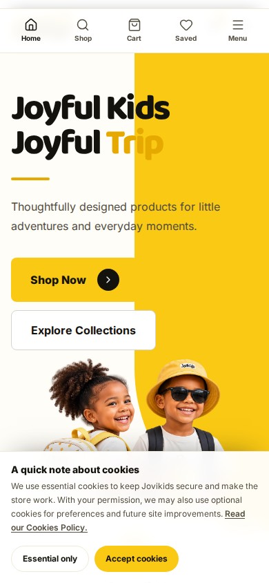 Jovikids website homepage with joyful children wearing backpacks and the headline Joyful Kids Joyful Trip on mobile