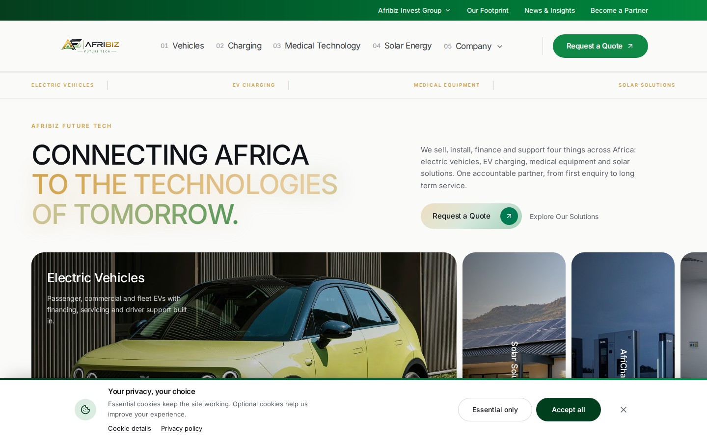 Afribiz Future Tech homepage showing an electric vehicle and solutions for solar energy, charging and medical equipment on desktop