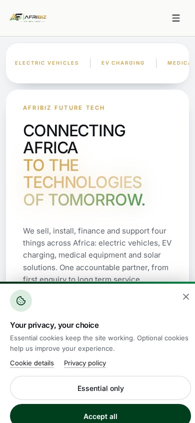 Afribiz Future Tech homepage showing an electric vehicle and solutions for solar energy, charging and medical equipment on mobile