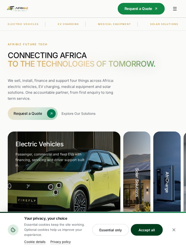 Afribiz Future Tech homepage showing an electric vehicle and solutions for solar energy, charging and medical equipment on tablet