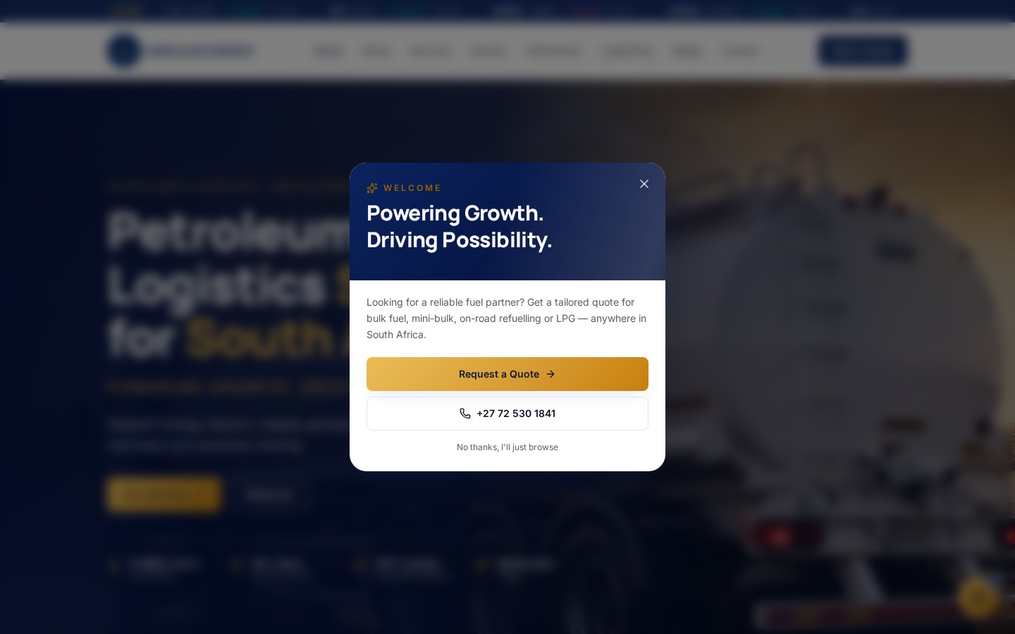 Madulini Energy website with a petroleum tanker and live fuel price ticker on desktop