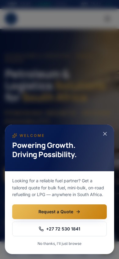 Madulini Energy website with a petroleum tanker and live fuel price ticker on mobile