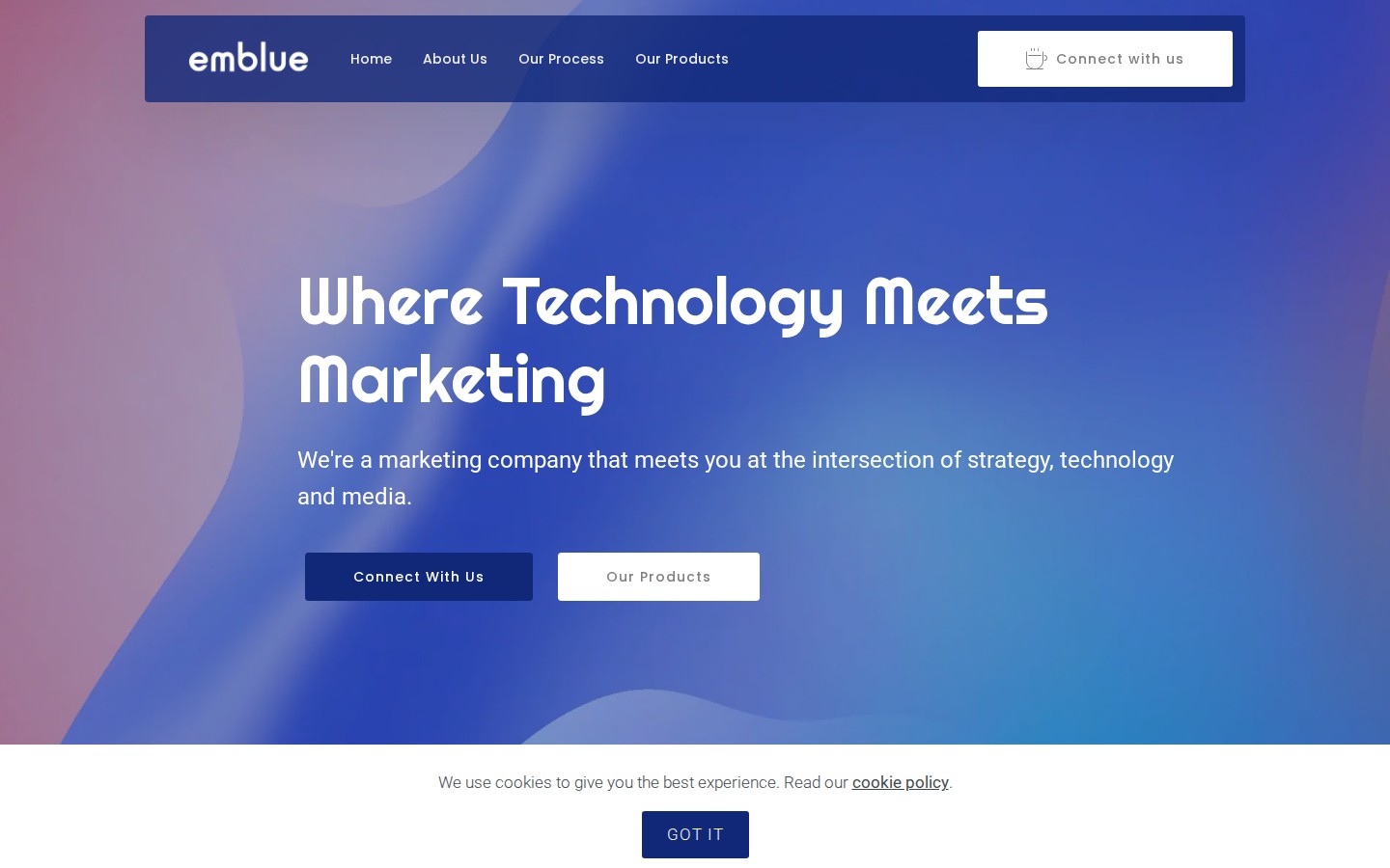 Emblue website homepage with the headline Where Technology Meets Marketing on desktop