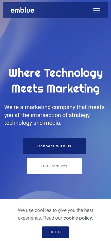 Emblue website homepage with the headline Where Technology Meets Marketing on mobile