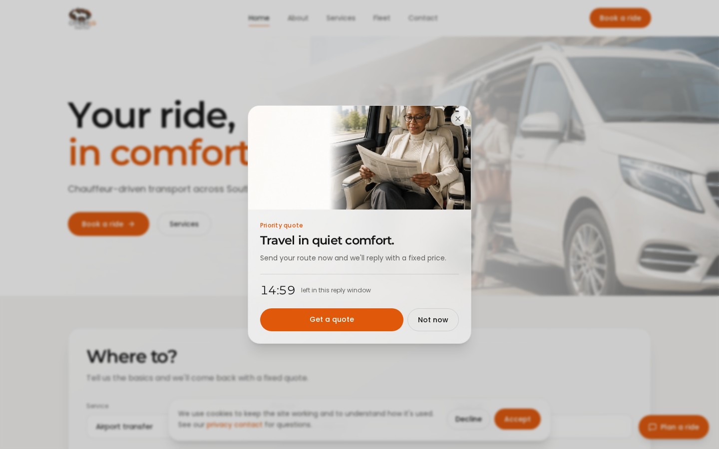 Othebe LG Transportation website with the headline Your ride, in comfort on desktop