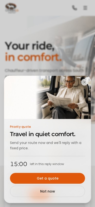 Othebe LG Transportation website with the headline Your ride, in comfort on mobile