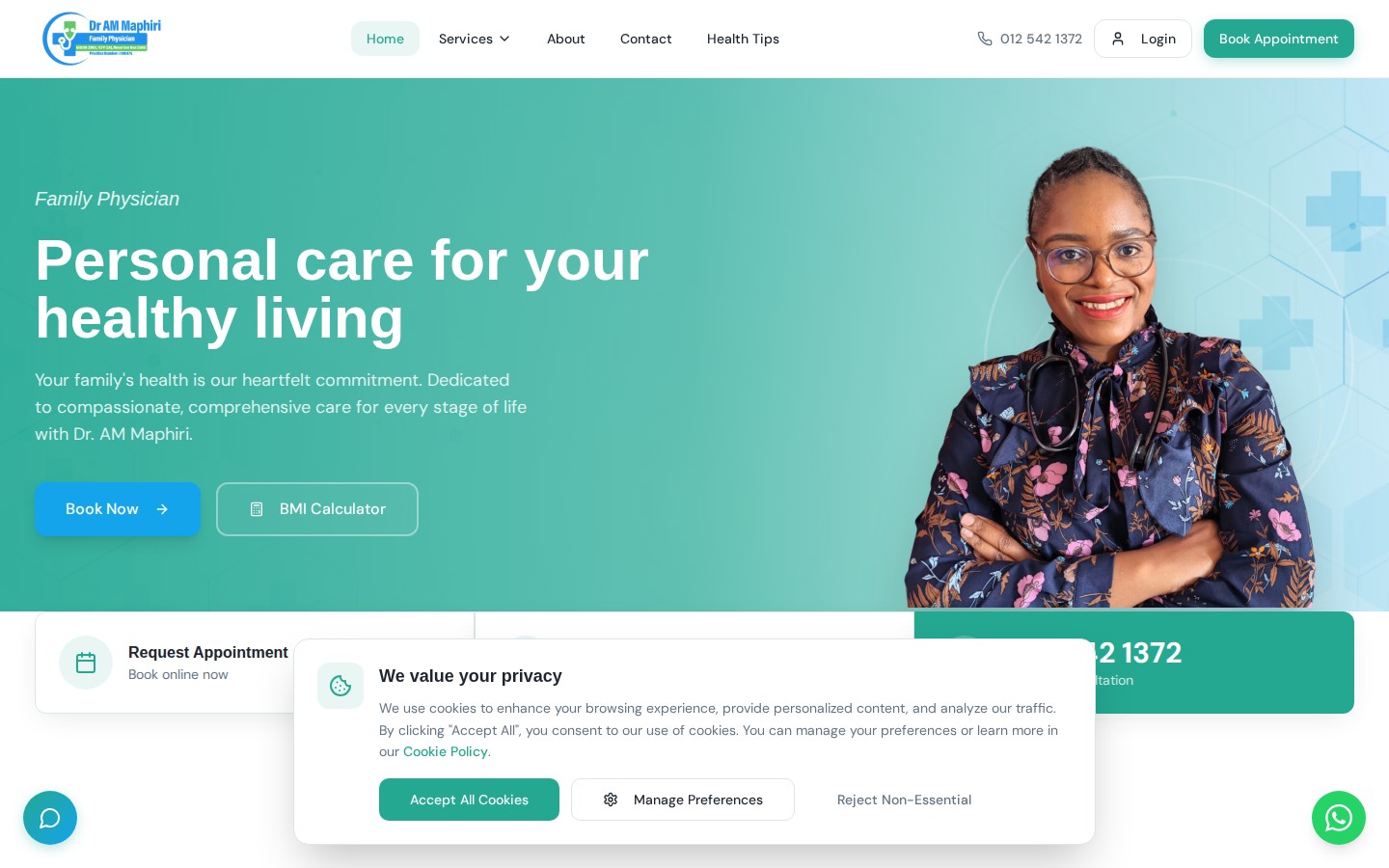 Dr AM Maphiri family physician website with the headline Personal care for your healthy living on desktop