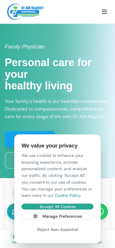 Dr AM Maphiri family physician website with the headline Personal care for your healthy living on mobile
