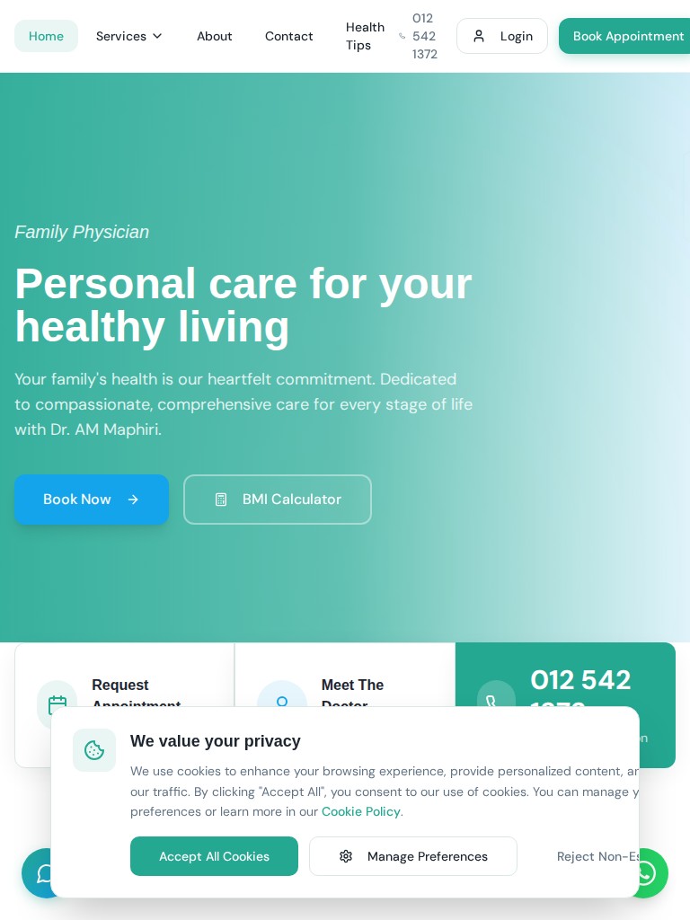 Dr AM Maphiri family physician website with the headline Personal care for your healthy living on tablet