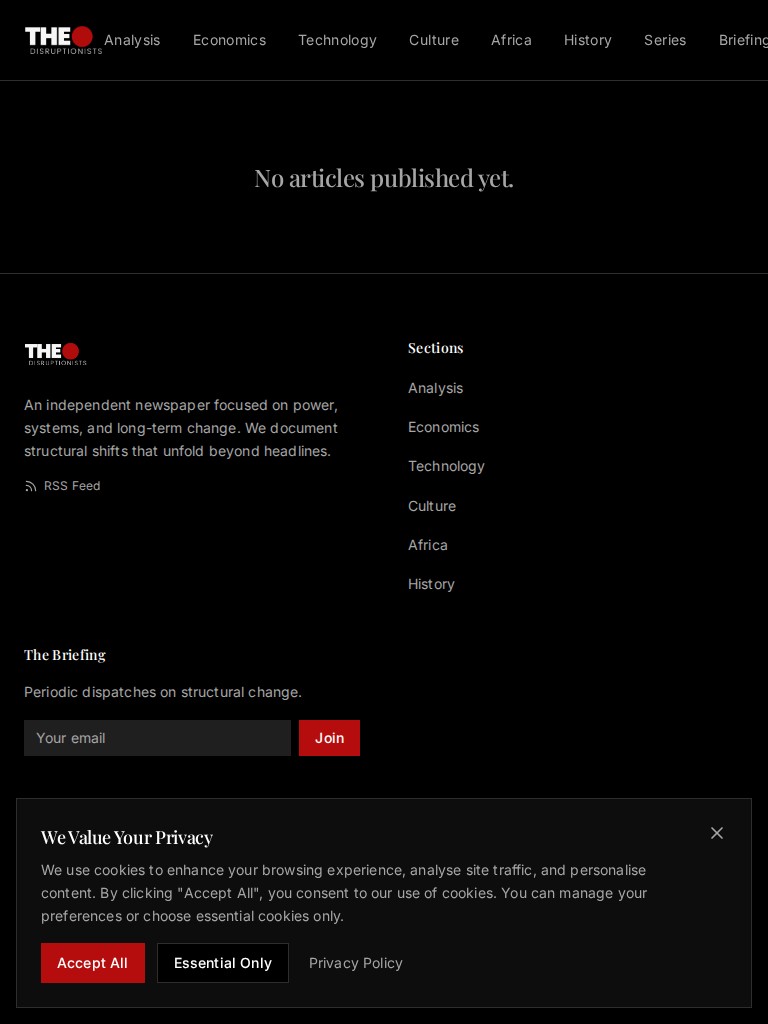 The Disruptionists website homepage on tablet