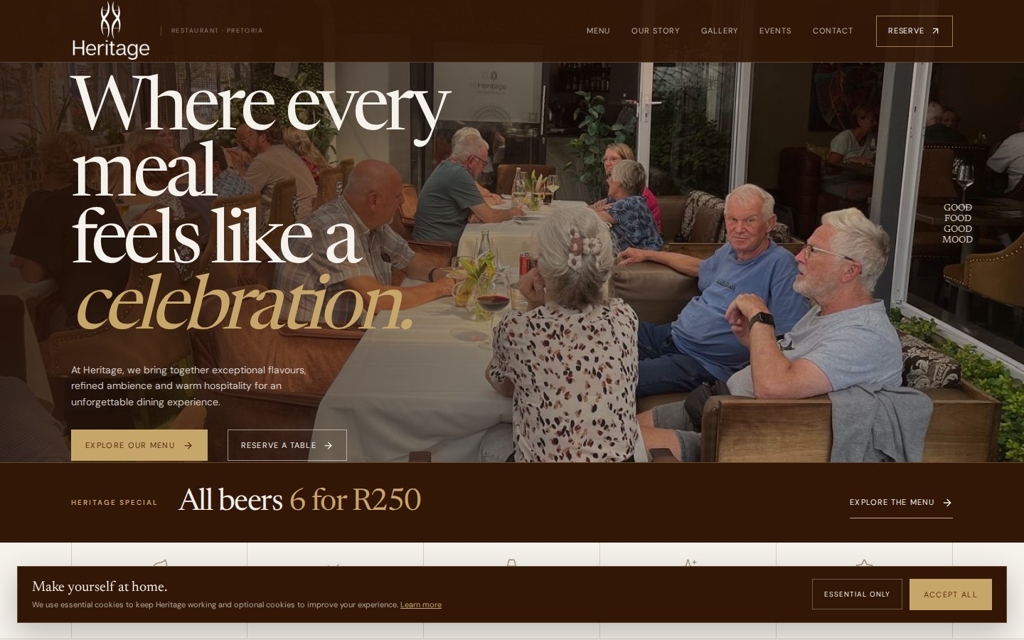 Heritage Pretoria website with brown and gold branding, guests dining and the headline Where every meal feels like a celebration on desktop