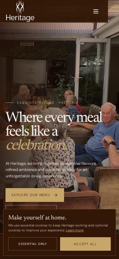 Heritage Pretoria website with brown and gold branding, guests dining and the headline Where every meal feels like a celebration on mobile