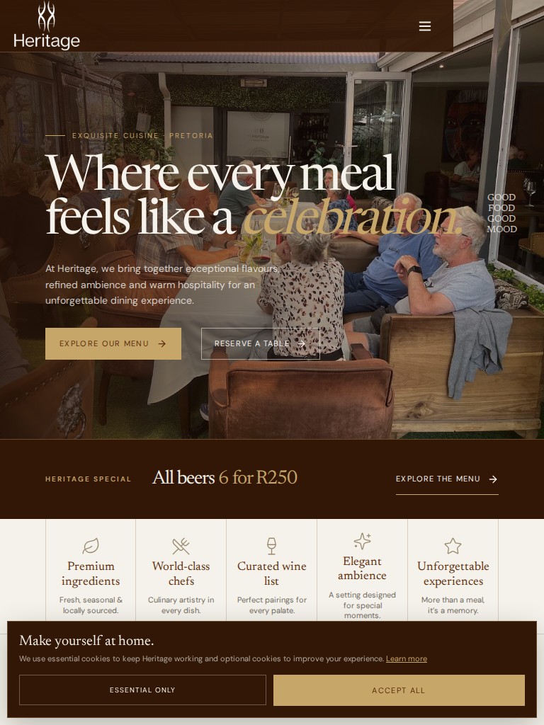Heritage Pretoria website with brown and gold branding, guests dining and the headline Where every meal feels like a celebration on tablet
