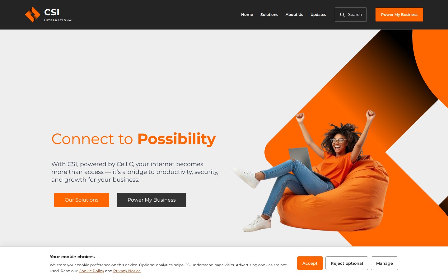 CSI International homepage with an orange Connect to Possibility headline and business internet call to action on desktop