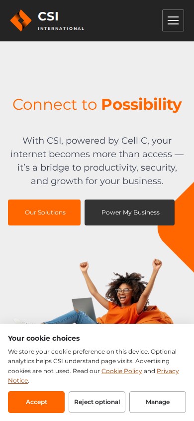 CSI International homepage with an orange Connect to Possibility headline and business internet call to action on mobile