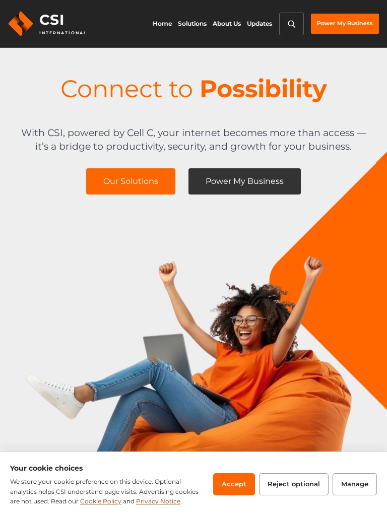 CSI International homepage with an orange Connect to Possibility headline and business internet call to action on tablet