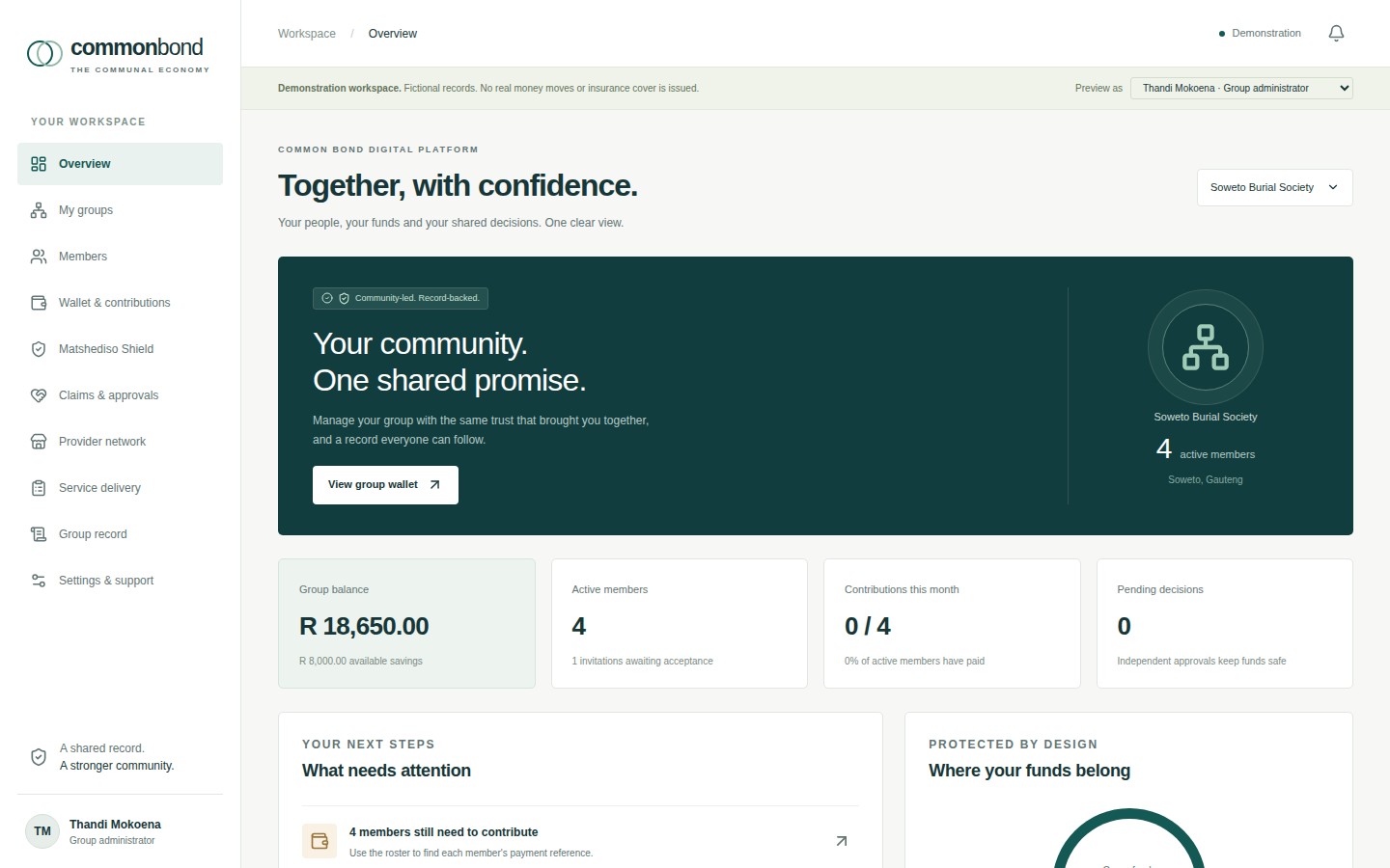 Common Bond demonstration dashboard with group balances, member contributions and shared decisions in a teal and white workspace on desktop