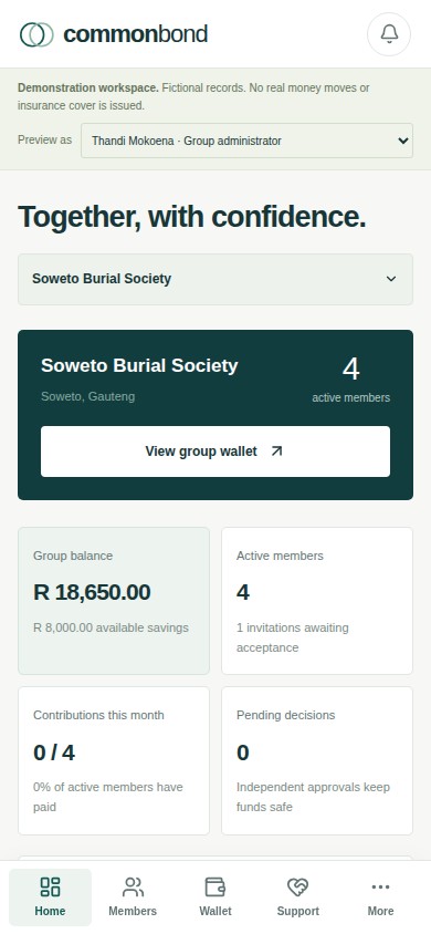 Common Bond demonstration dashboard with group balances, member contributions and shared decisions in a teal and white workspace on mobile