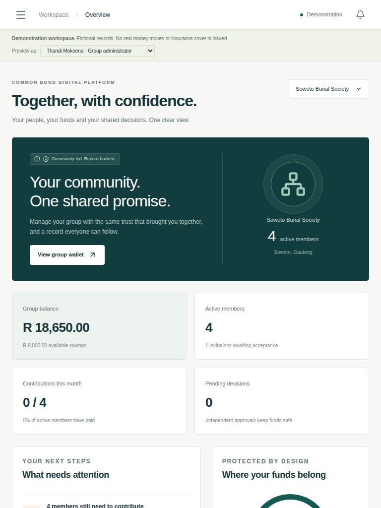 Common Bond demonstration dashboard with group balances, member contributions and shared decisions in a teal and white workspace on tablet