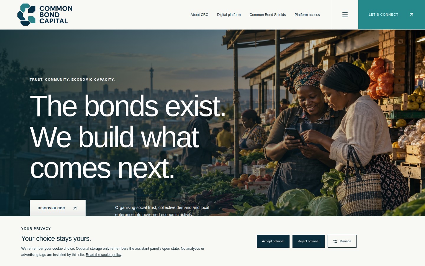 Common Bond Capital website with teal branding, two women at a local market and the headline The bonds exist. We build what comes next. on desktop