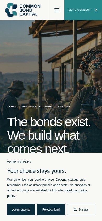 Common Bond Capital website with teal branding, two women at a local market and the headline The bonds exist. We build what comes next. on mobile