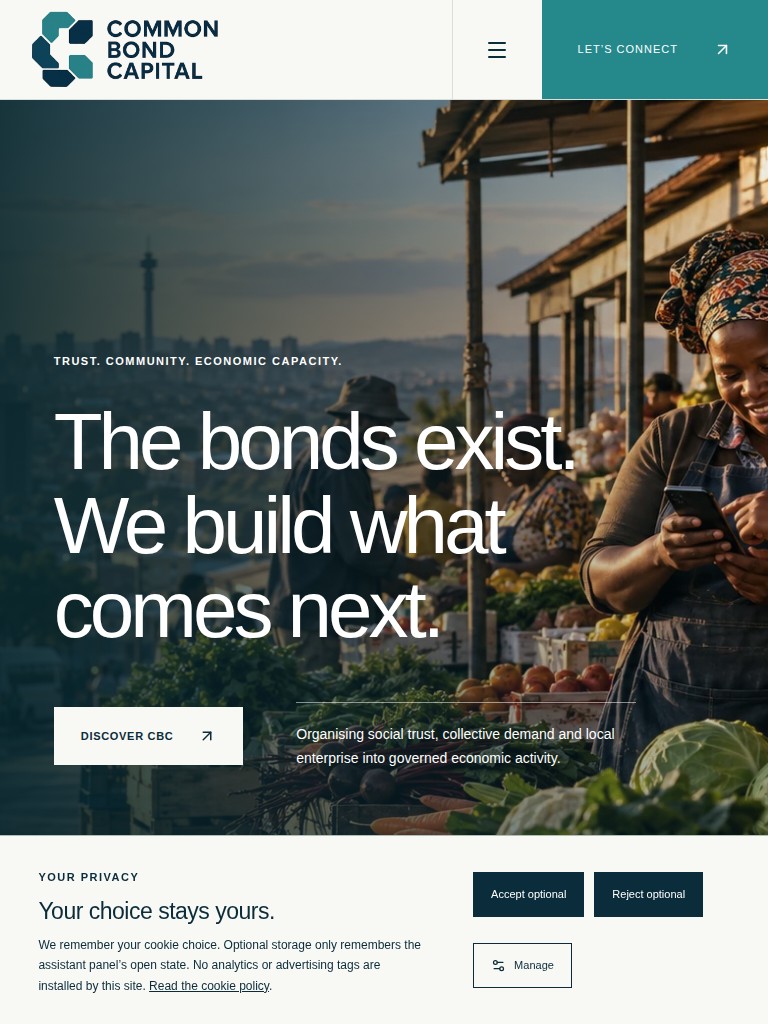 Common Bond Capital website with teal branding, two women at a local market and the headline The bonds exist. We build what comes next. on tablet