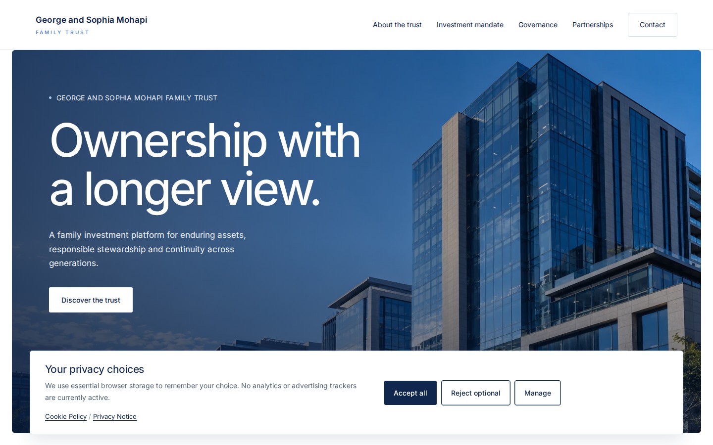 George and Sophia Mohapi Family Trust homepage with blue branding, a glass office building and the headline Ownership with a longer view. on desktop