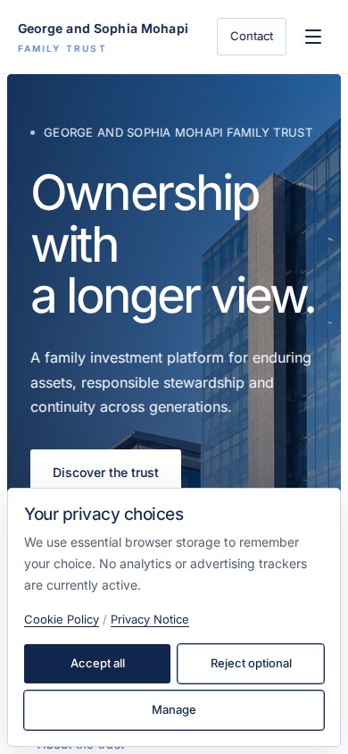 George and Sophia Mohapi Family Trust homepage with blue branding, a glass office building and the headline Ownership with a longer view. on mobile