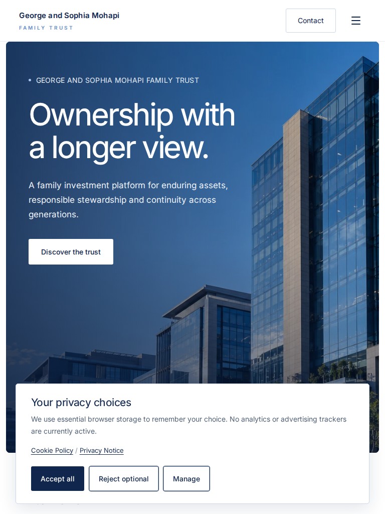 George and Sophia Mohapi Family Trust homepage with blue branding, a glass office building and the headline Ownership with a longer view. on tablet