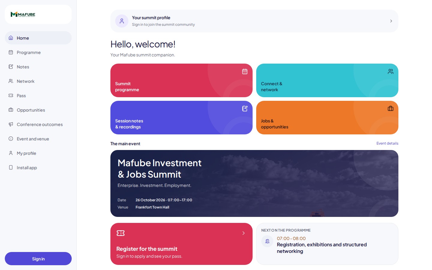Mafube Summit app dashboard with colourful cards for the programme, networking, session notes and opportunities. on desktop