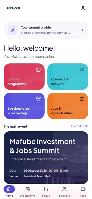 Mafube Summit app dashboard with colourful cards for the programme, networking, session notes and opportunities. on mobile