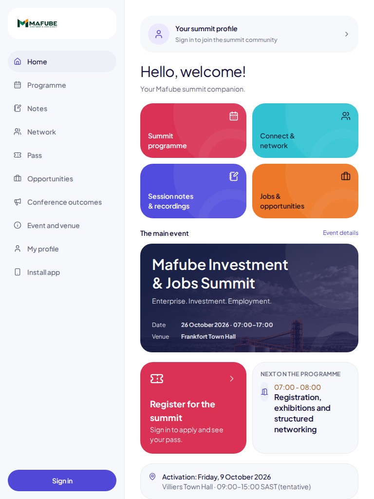 Mafube Summit app dashboard with colourful cards for the programme, networking, session notes and opportunities. on tablet