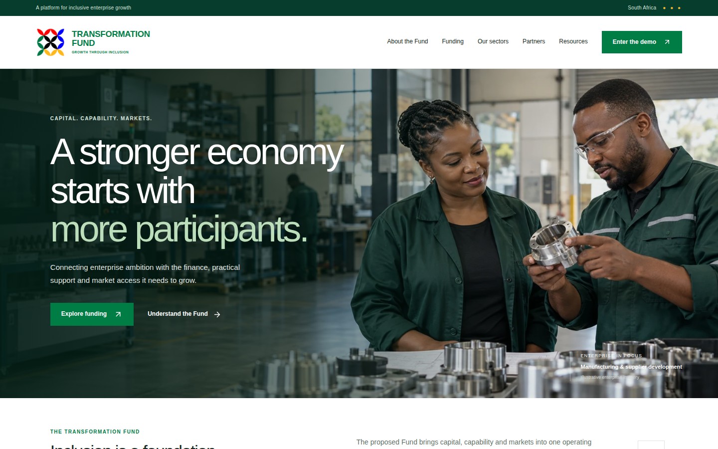 Transformation Fund homepage with green branding, two manufacturing workers and the headline A stronger economy starts with more participants. on desktop