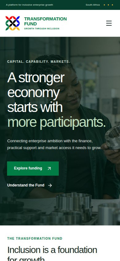 Transformation Fund homepage with green branding, two manufacturing workers and the headline A stronger economy starts with more participants. on mobile