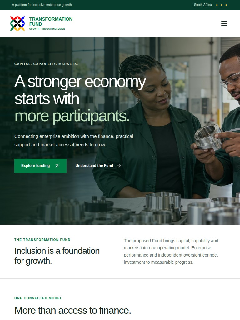 Transformation Fund homepage with green branding, two manufacturing workers and the headline A stronger economy starts with more participants. on tablet